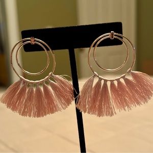 Gold and light pink tasseled post earrings